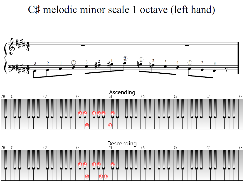 Figure 1. Whole view of the C-sharp melodic minor scale 1 octave (left hand)