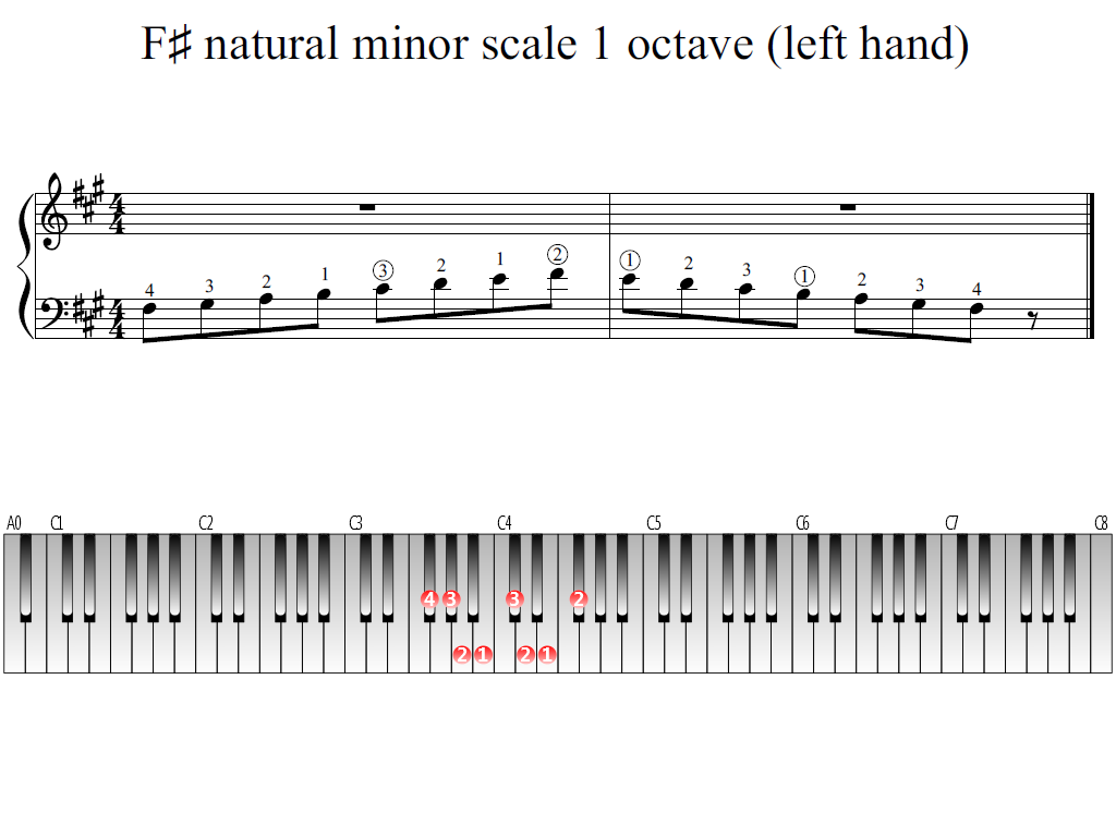 Figure 1. Whole view of the F-sharp natural minor scale 1 octave (left hand)