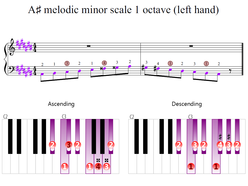 Figure 2. Zoomed keyboard and highlighted point of turning finger (A-sharp melodic minor scale 1 octave (left hand))