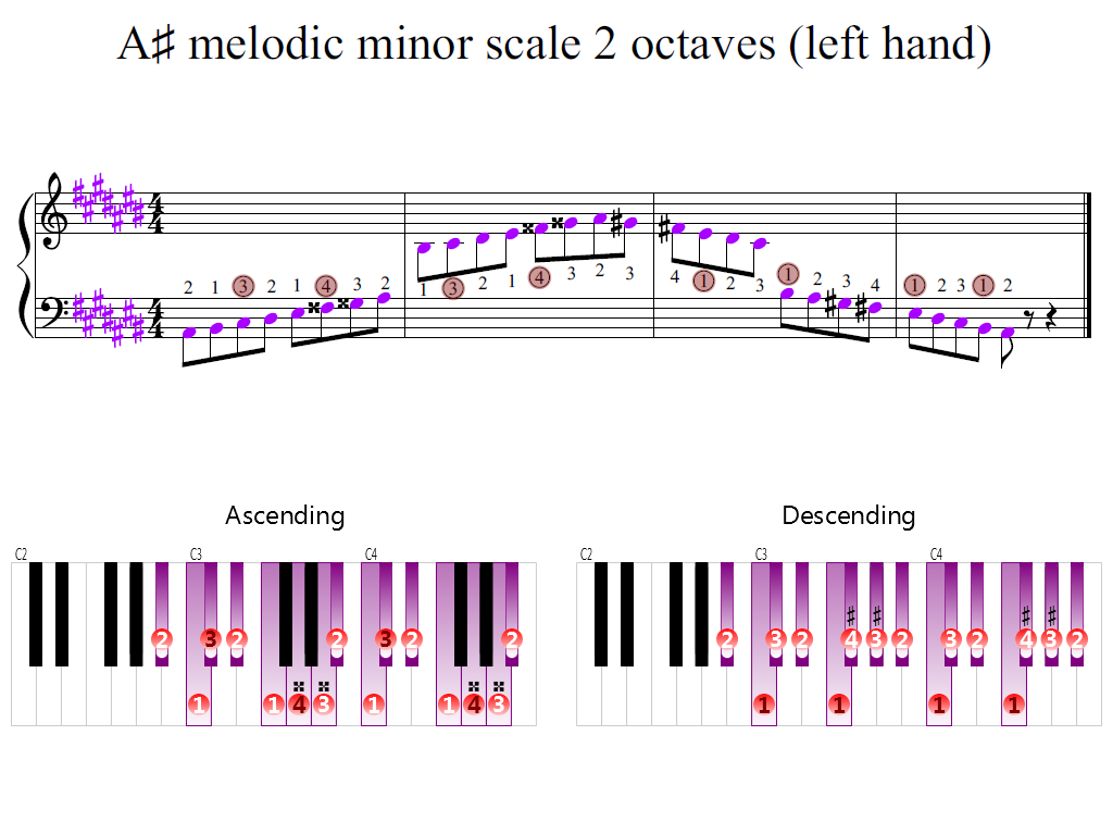 Figure 2. Zoomed keyboard and highlighted point of turning finger (A-sharp melodic minor scale 2 octaves (left hand))