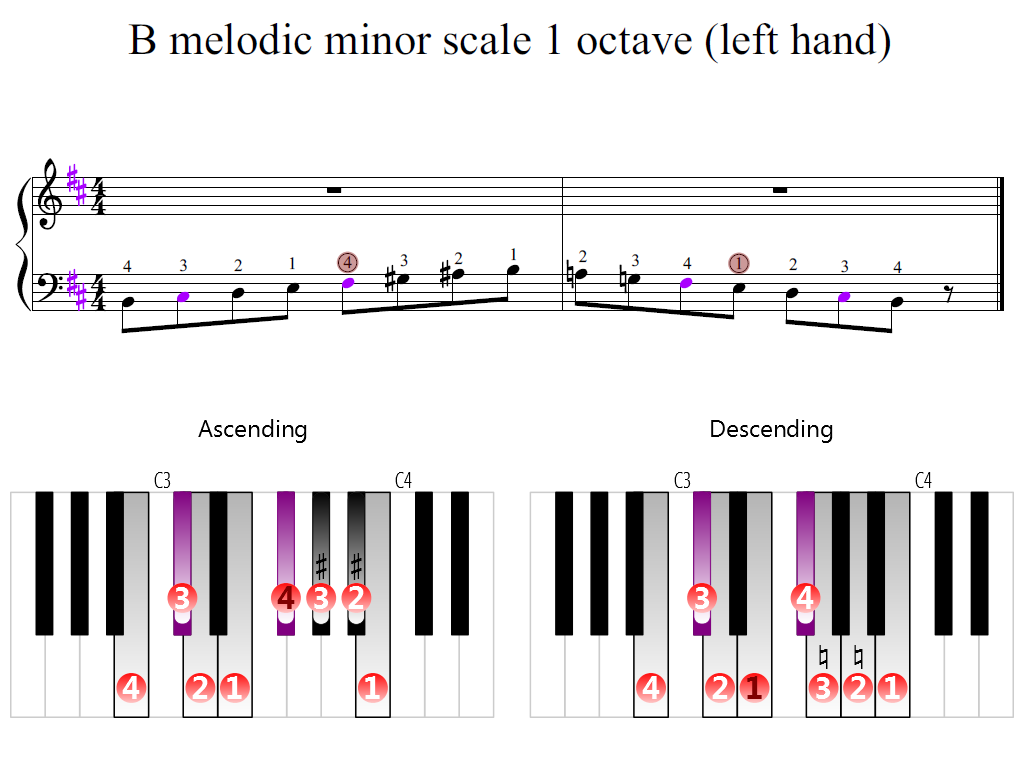 Figure 2. Zoomed keyboard and highlighted point of turning finger (B melodic minor scale 1 octave (left hand))
