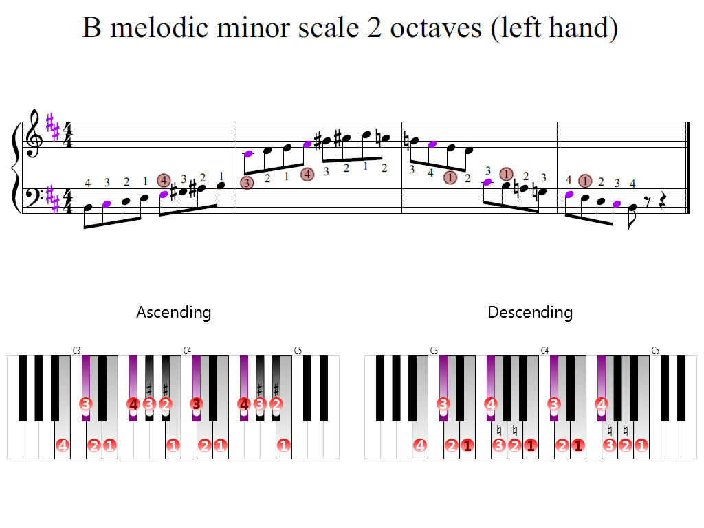 Figure 2. Zoomed keyboard and highlighted point of turning finger (B melodic minor scale 2 octaves (left hand))