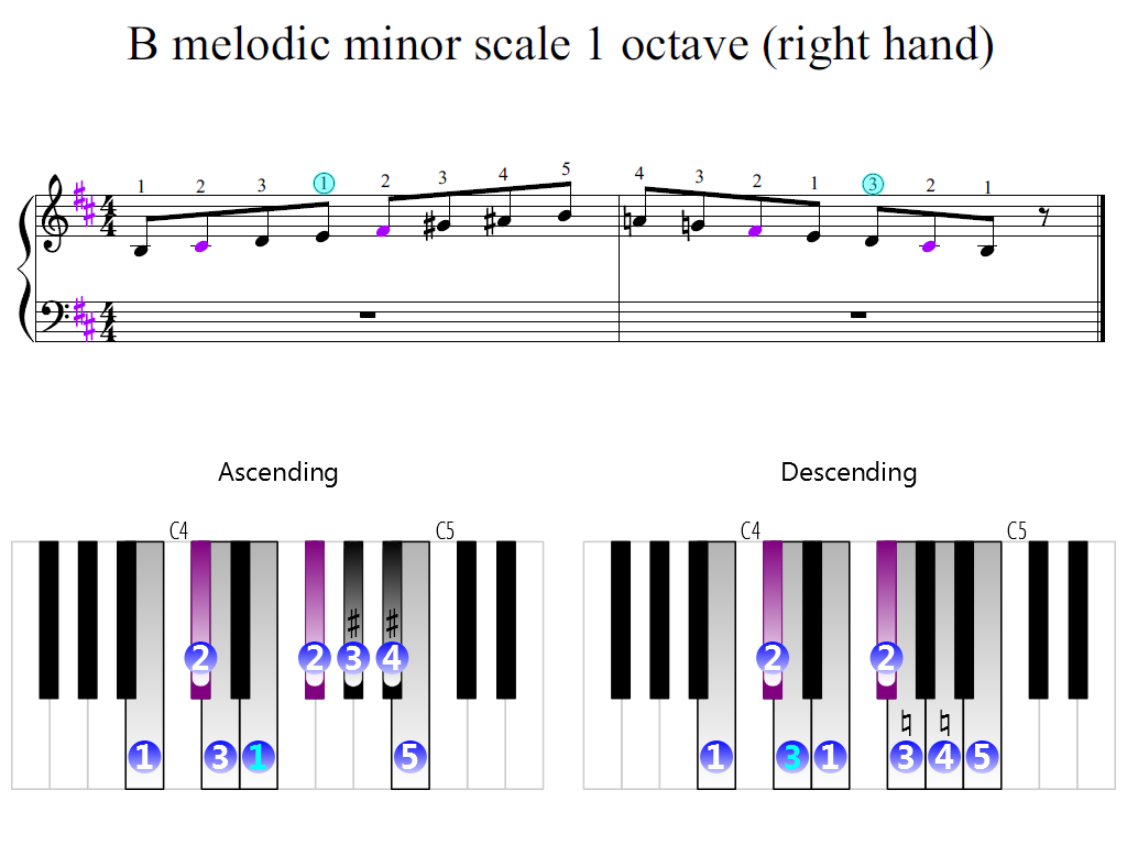 Figure 2. Zoomed keyboard and highlighted point of turning finger (B melodic minor scale 1 octave (right hand))