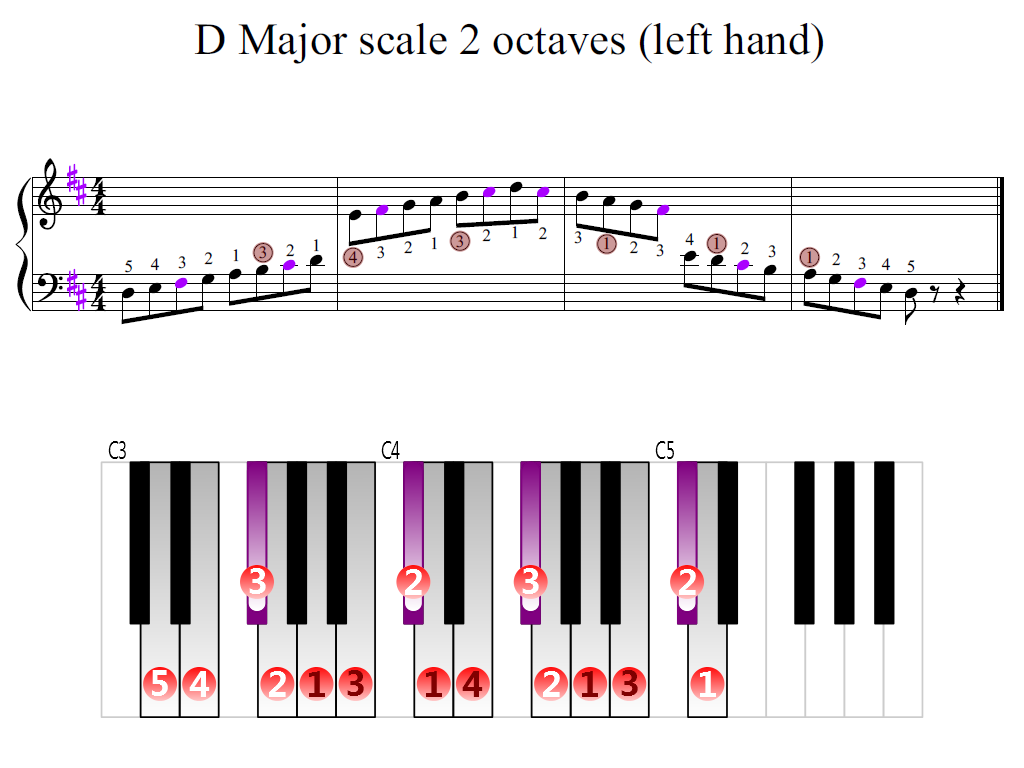 Figure 2. Zoomed keyboard and highlighted point of turning finger (D Major scale 2 octaves (left  hand))