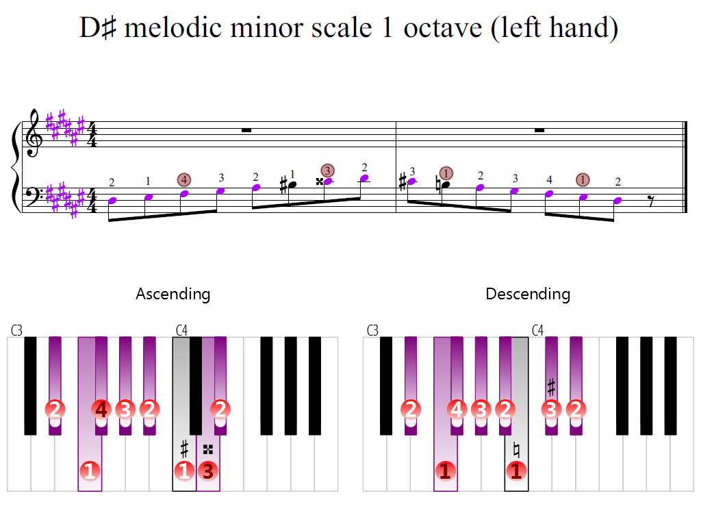 Figure 2. Zoomed keyboard and highlighted point of turning finger (D-sharp melodic minor scale 1 octave (left hand))