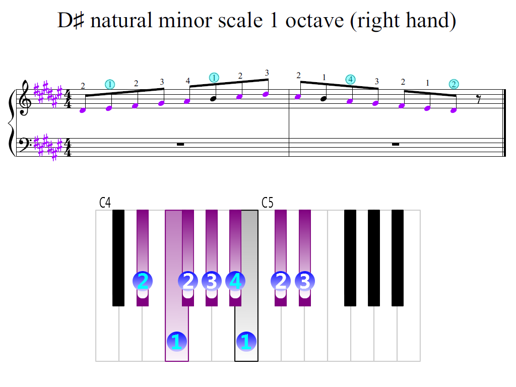Figure 2. Zoomed keyboard and highlighted point of turning finger (D-sharp natural minor scale 1 octave (right hand))