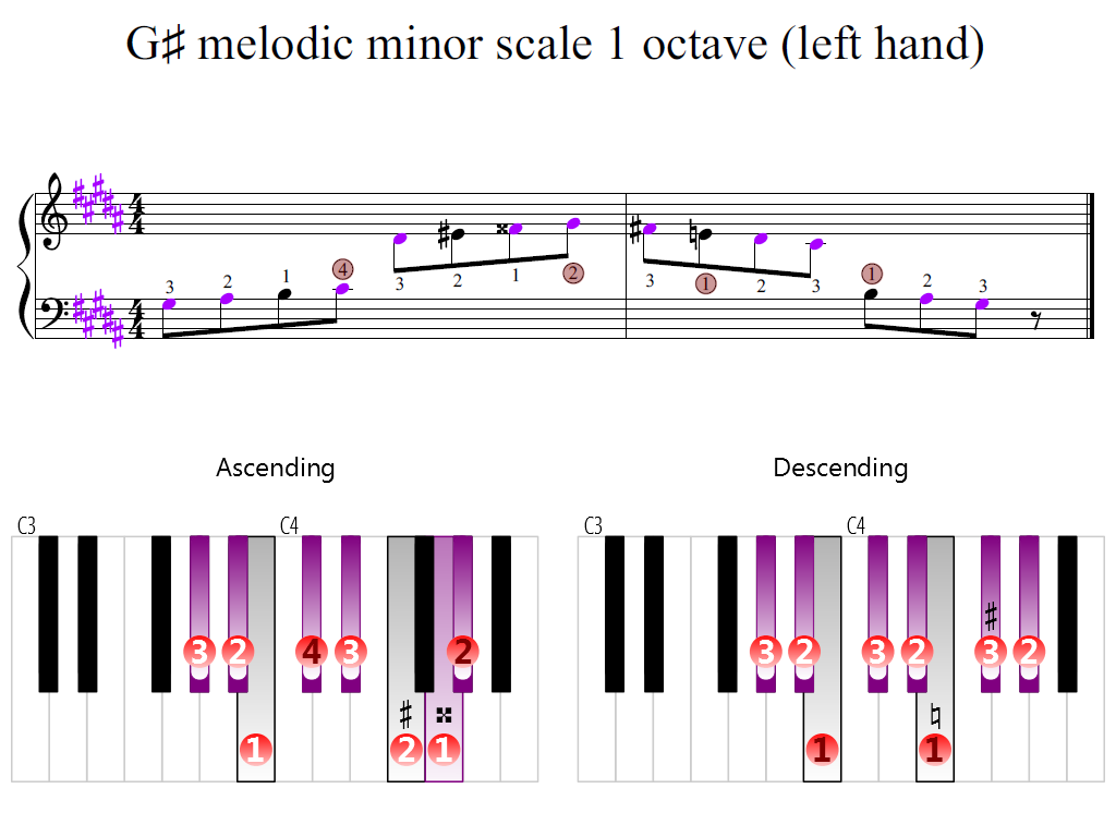 Figure 2. Zoomed keyboard and highlighted point of turning finger (G-sharp melodic minor scale 1 octave (left hand))