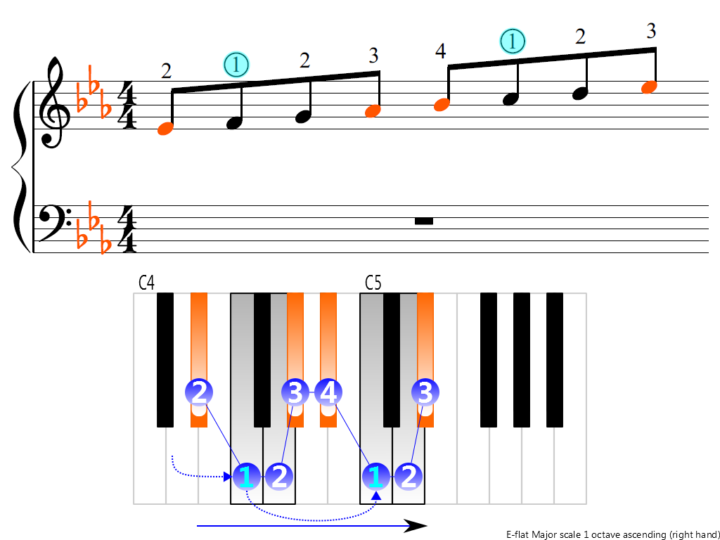 Figure 3. Ascending of the E-flat Major scale 1 octave (right hand)