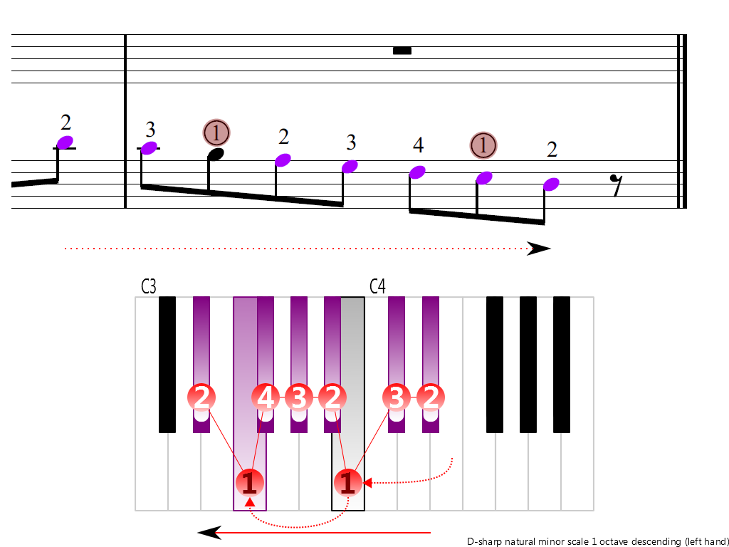 Figure 4. Descending of the D-sharp natural minor scale 1 octave (left hand)