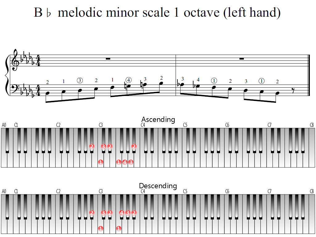 Figure 1. Whole view of the B-flat melodic minor scale 1 octave (left hand)
