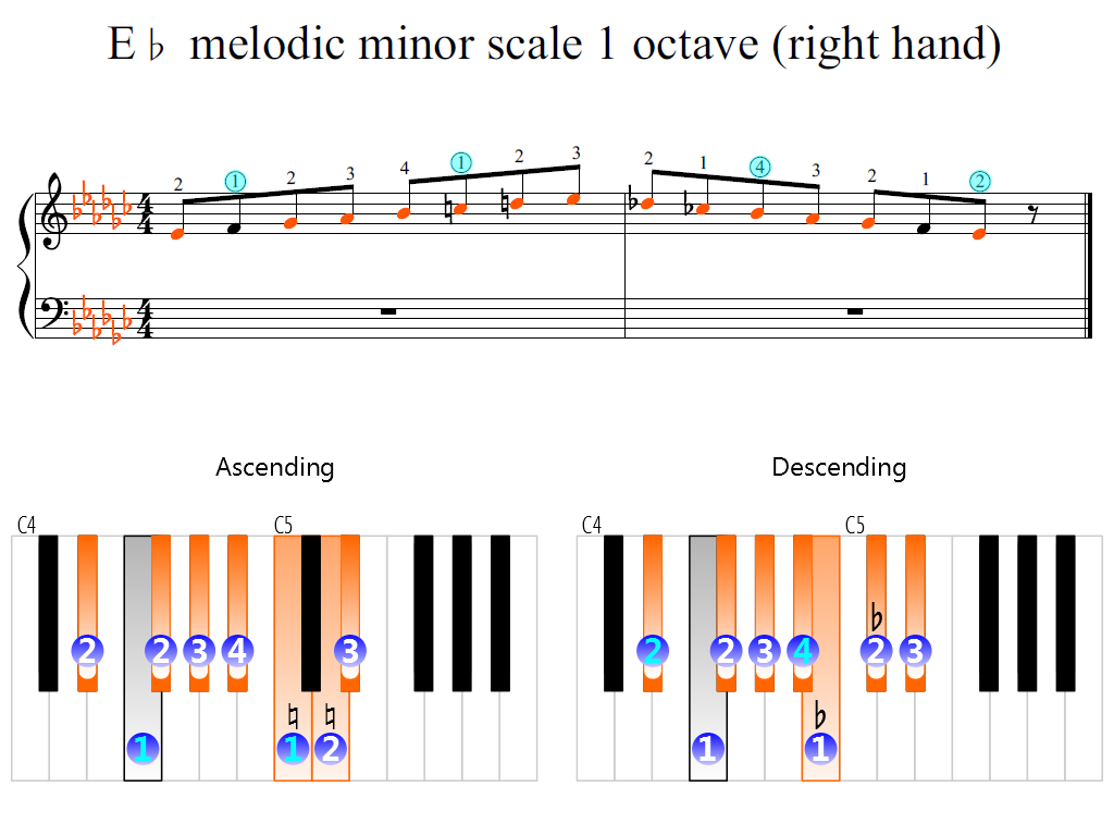 Figure 2. Zoomed keyboard and highlighted point of turning finger (E-flat melodic minor scale 1 octave (right hand))